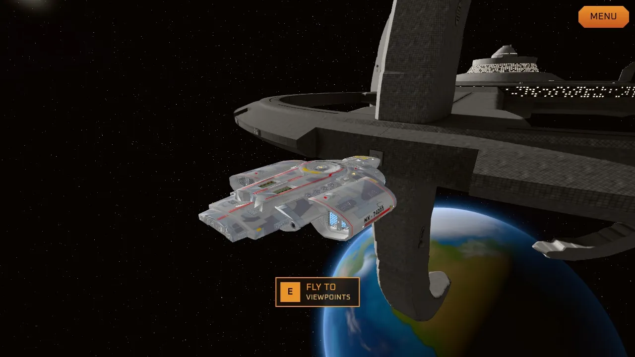 The Defiant docked beneath Deep Space Nine's docking ring, with the blue and green globe of Bajor hanging below the station