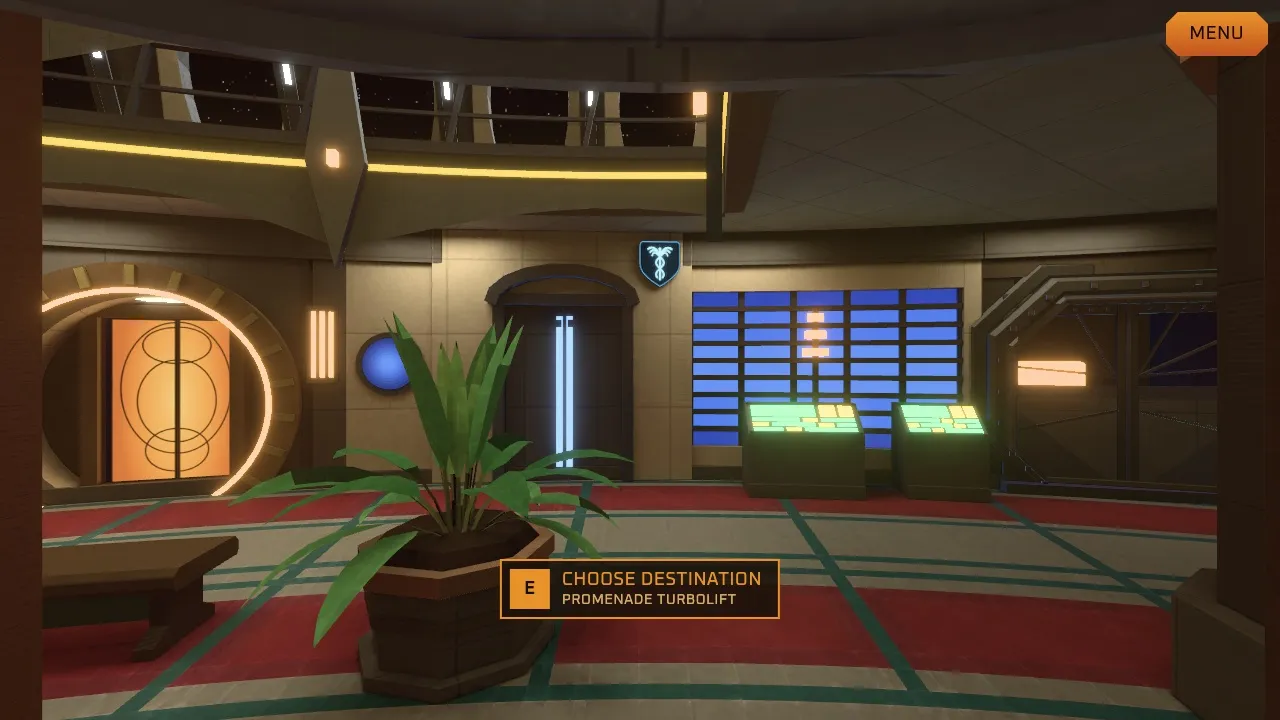 The Promenade by the turbolift: a leafy plant in a wooden planter, a bench, two lit consoles and the round Temple door glowing amber