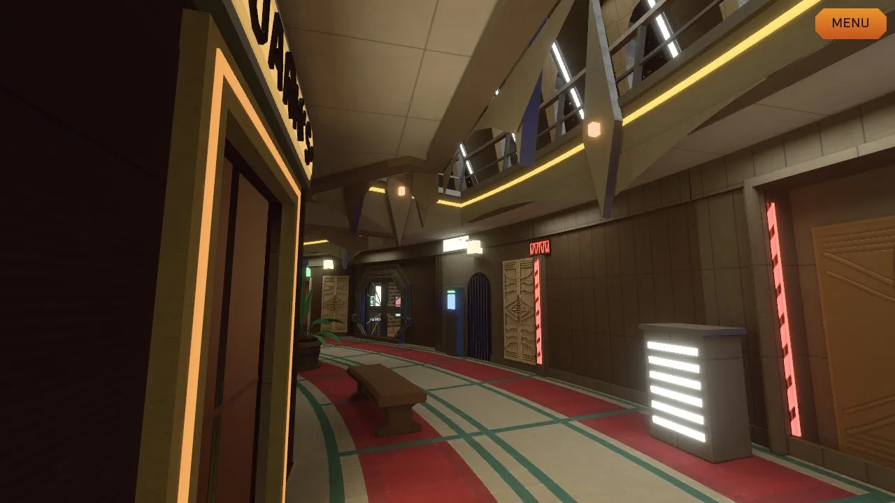 The lower Promenade from beside Quark’s lit doorway, red carpet curving past a bench, a glowing console and shop doors under the upper walkway
