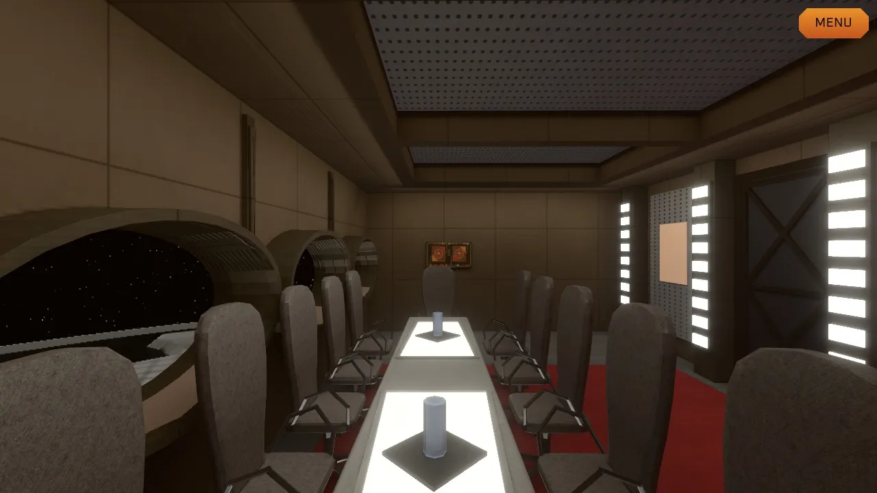 The Ops wardroom looking down the long lit table, high-backed chairs on both sides and oval windows on the left