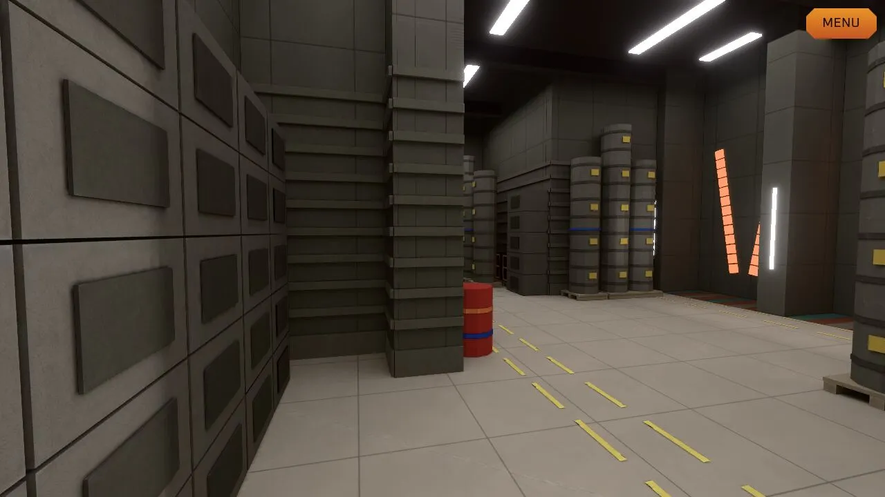 A cargo bay with stacked crates, tall grey wall panels and yellow floor lines