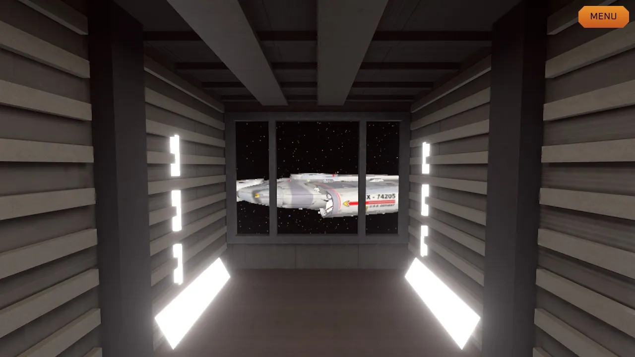 A short slatted corridor with glowing wall slits, ending in a three-pane window that looks straight at the docked Defiant and its NX-74205 registry