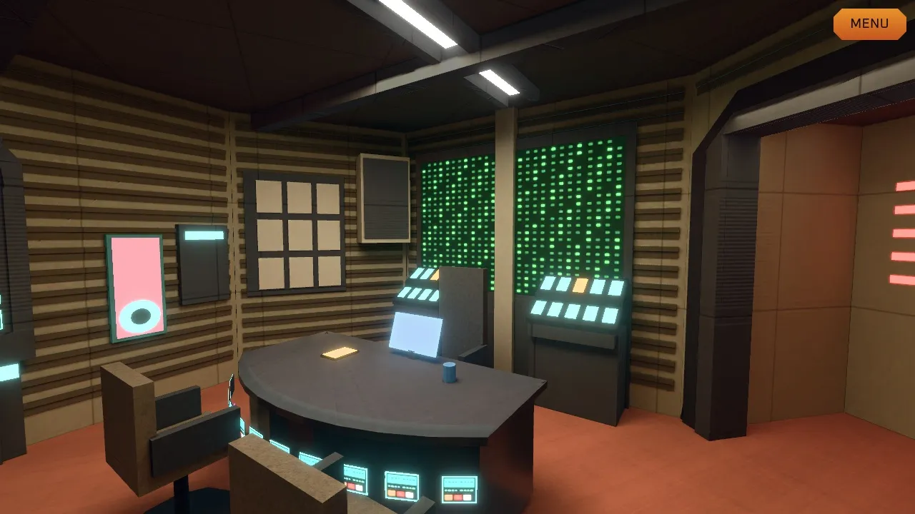 The Security office: a curved desk with glowing panels, two chairs, a wall of green status lights and striped walls