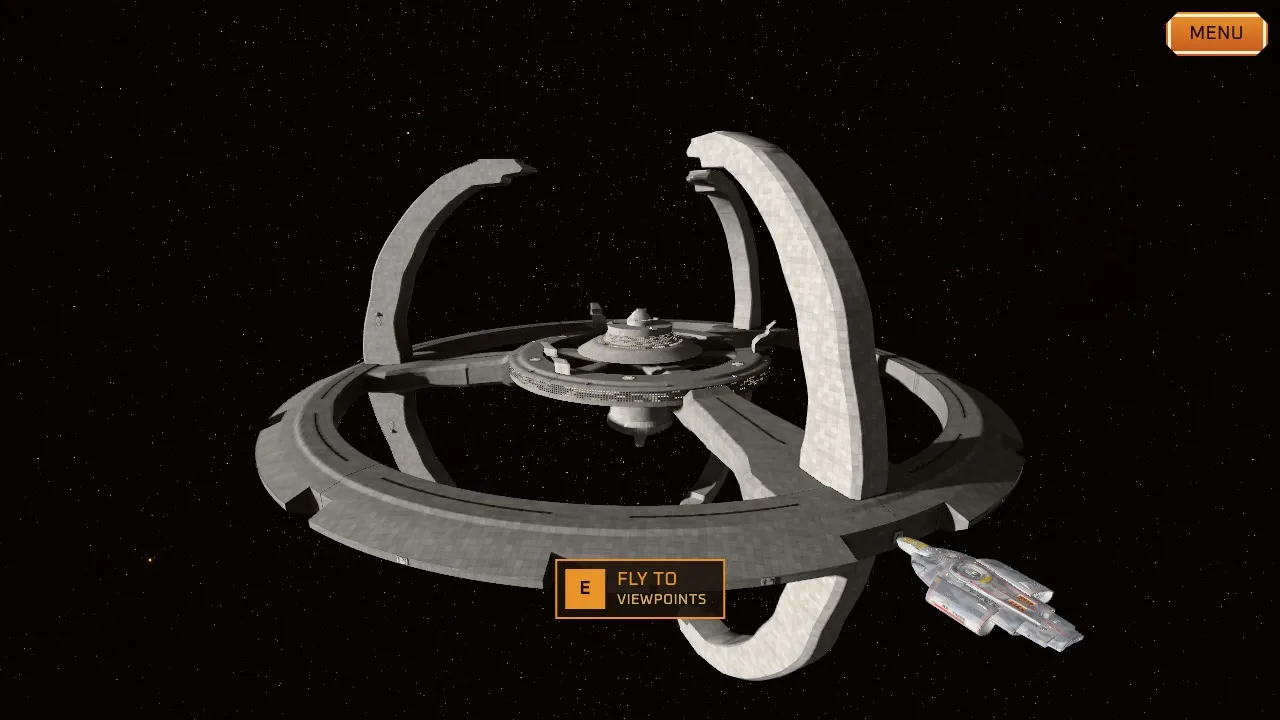 Deep Space Nine from outside in free-fly: the docking ring, three tall curved pylons and the central core, with the Defiant docked at lower right