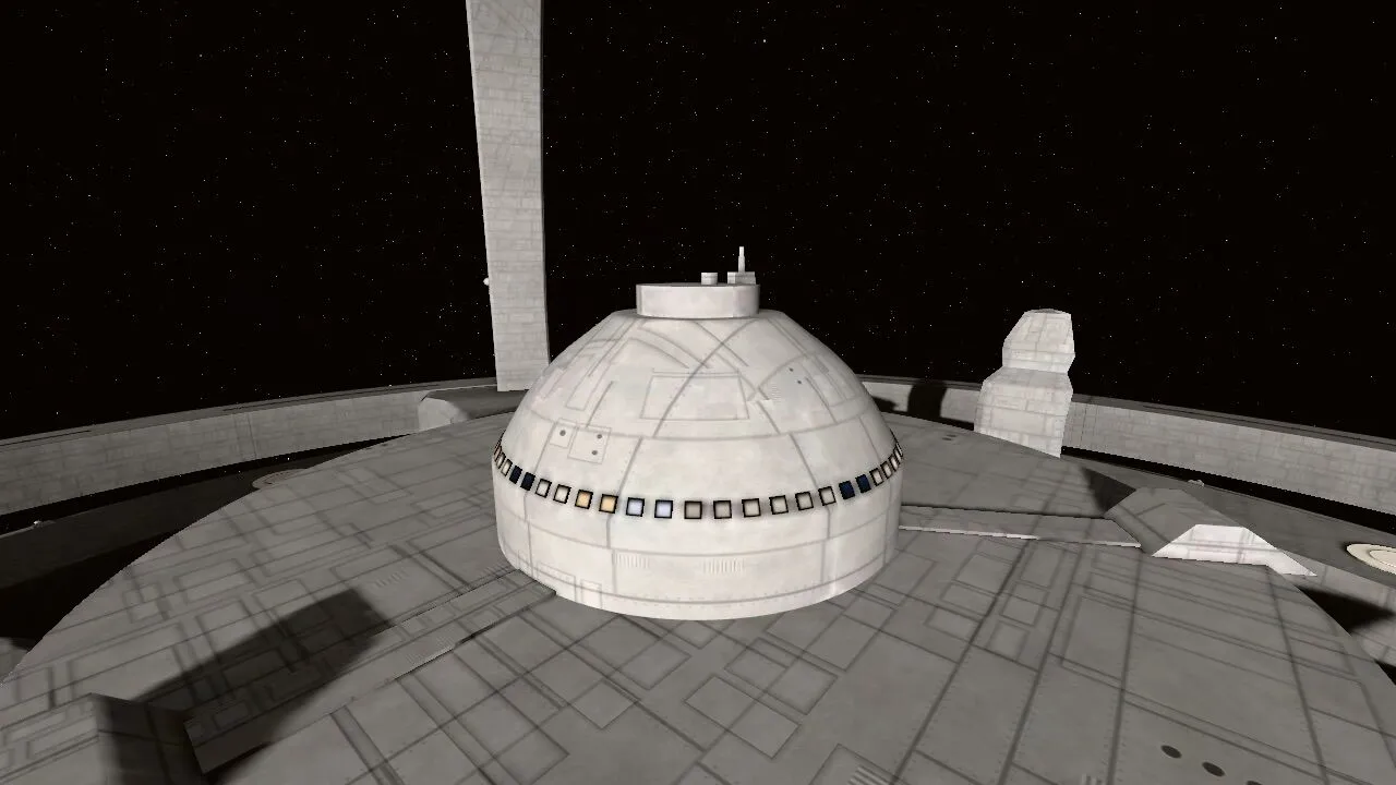 Close view of the pale Ops dome and its ring of small windows on top of the station core