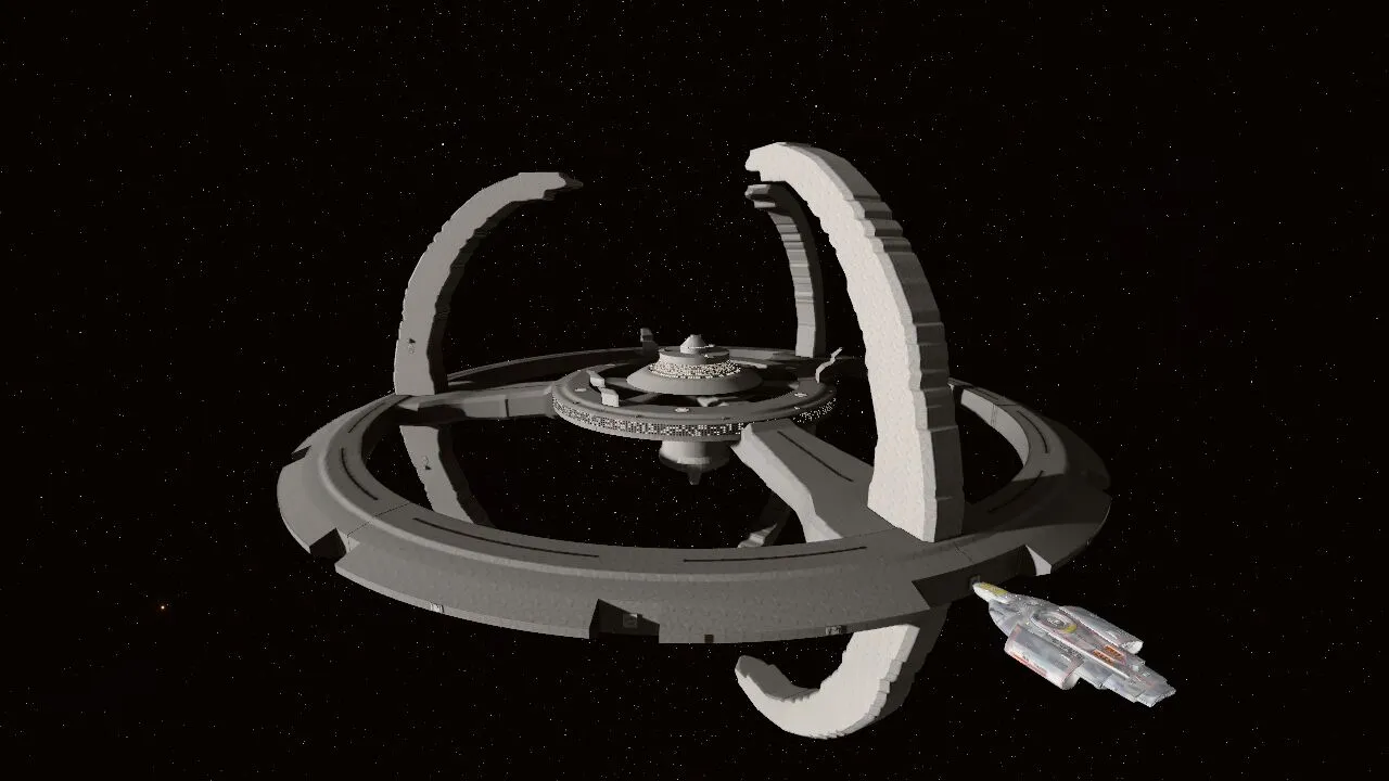 Deep Space Nine floating in a starfield: docking ring, three curved pylons and the central core, with the Defiant docked