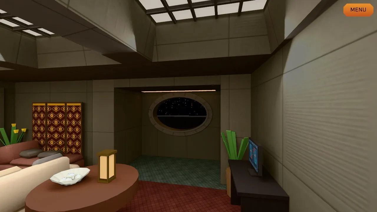 Kira's quarters: a sofa and round table with a paper lantern in front of a gold-and-red brocade screen, a plant, a desk with a screen and an oval window