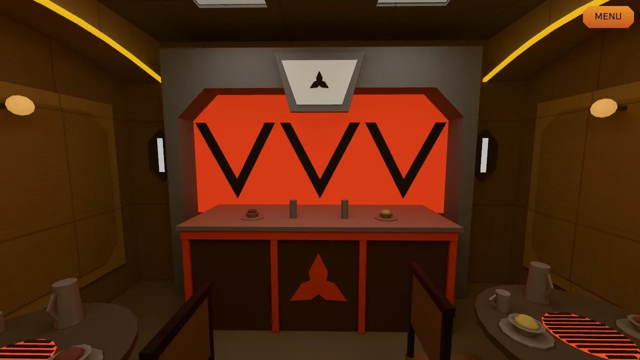 The restaurant counter: a red-lit wall with three black V-shaped struts, a trefoil plaque above, and a bowl and tankards on the counter