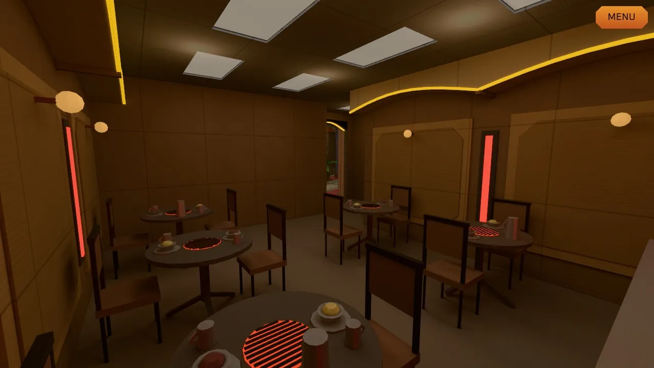 The Klingon restaurant: round tables set with tankards and plates around glowing red grilles, red neon tubes on amber walls and a curved yellow neon line overhead