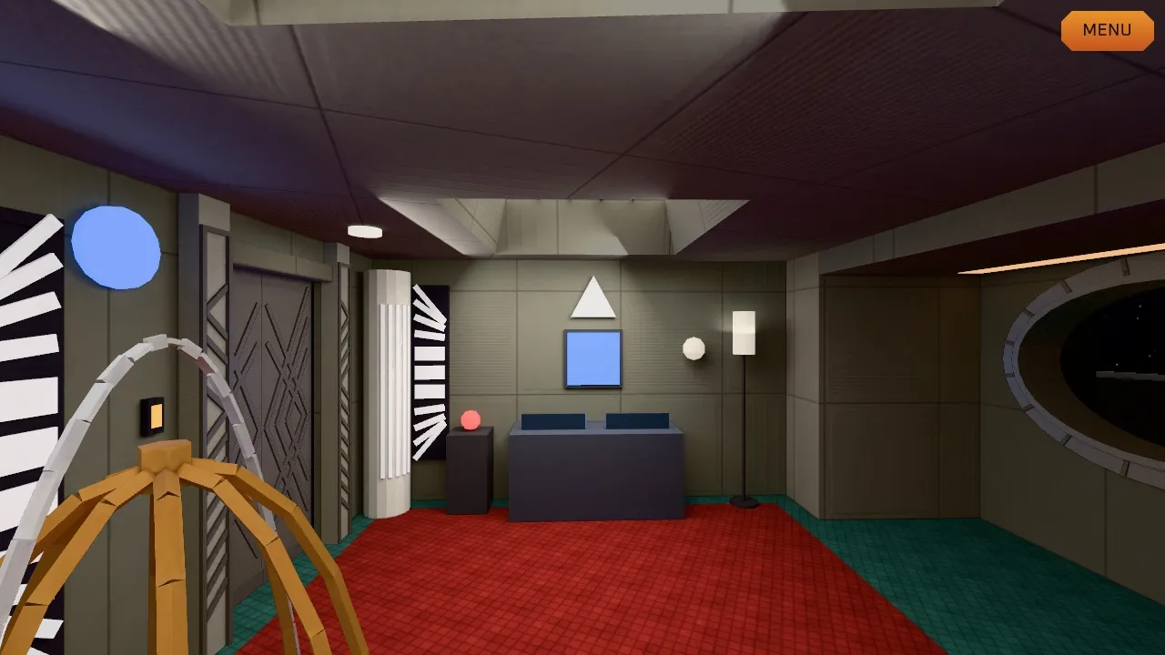 Odo's quarters: red carpet, a dark desk under a small blue screen, a tall white column, a floor lamp, and a sculpture of curved rods in the foreground