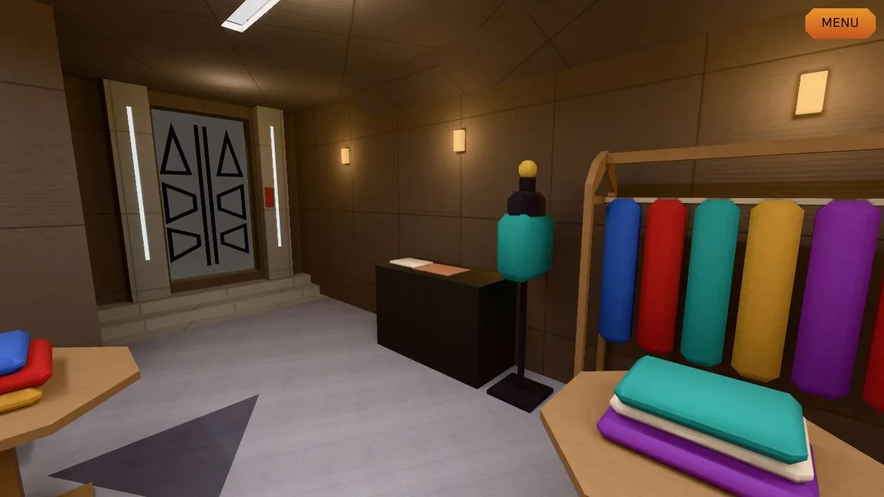 Garak's shop: a dark counter and a rack of rolled cloth in blue, red, teal, yellow and purple, with mannequins down the room