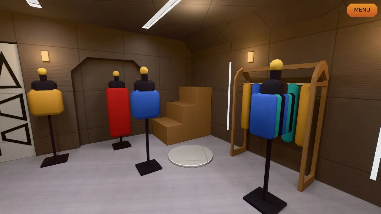 Garak's shop: mannequins in gold, red and blue beside a clothes rack and the stepped fitting platform