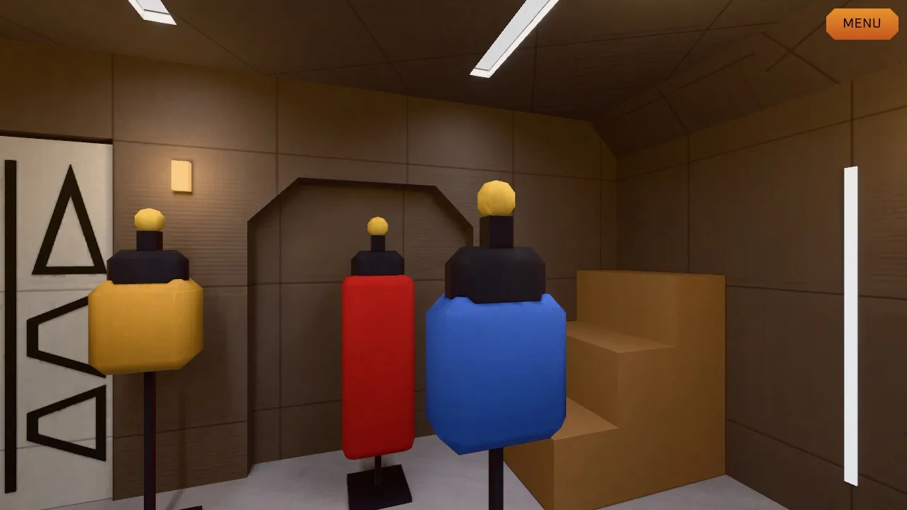 Mannequins in gold, red and blue in front of the fitting platform and its steps, with a white Cardassian-patterned panel on the left wall