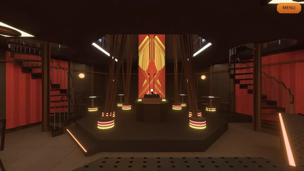 Quark’s dabo floor: a raised platform with glowing table bases, spiral stairs on both sides and a tall red-and-gold banner at the back