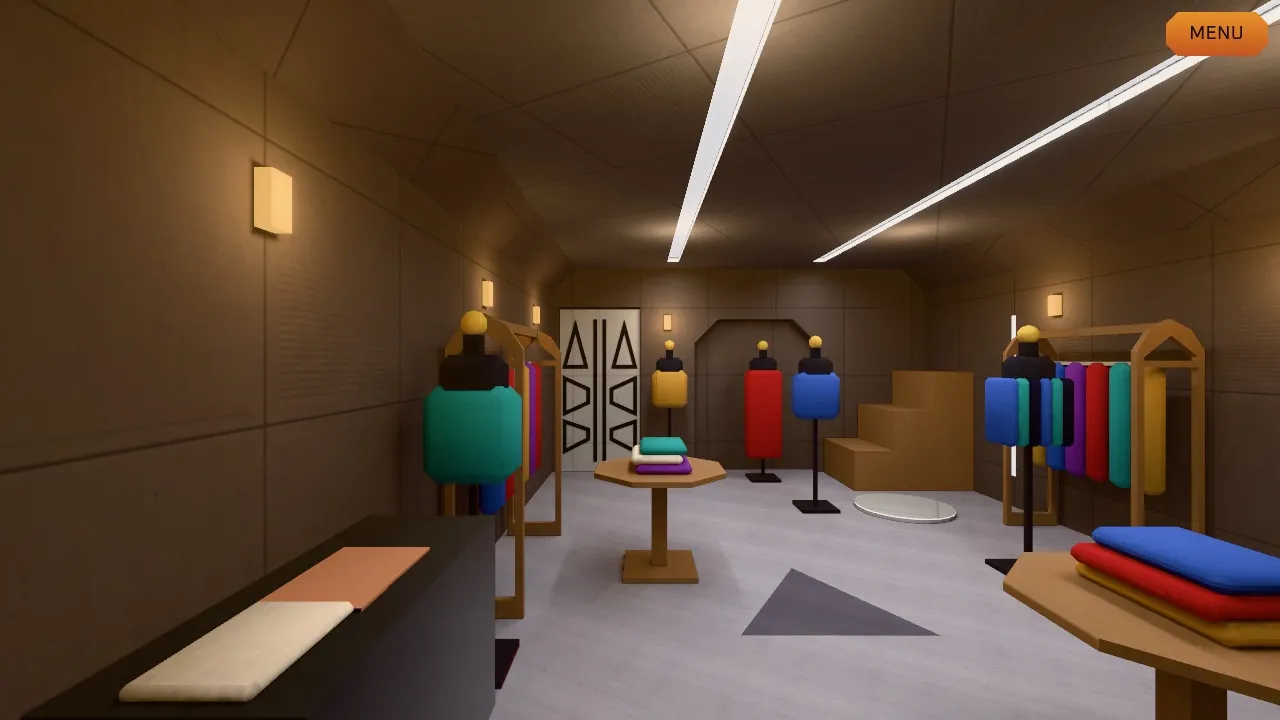 Inside Garak's clothier: mannequins in teal, gold, red and blue, racks of hanging garments, folded cloth on octagonal tables, and a fitting platform with steps at the back