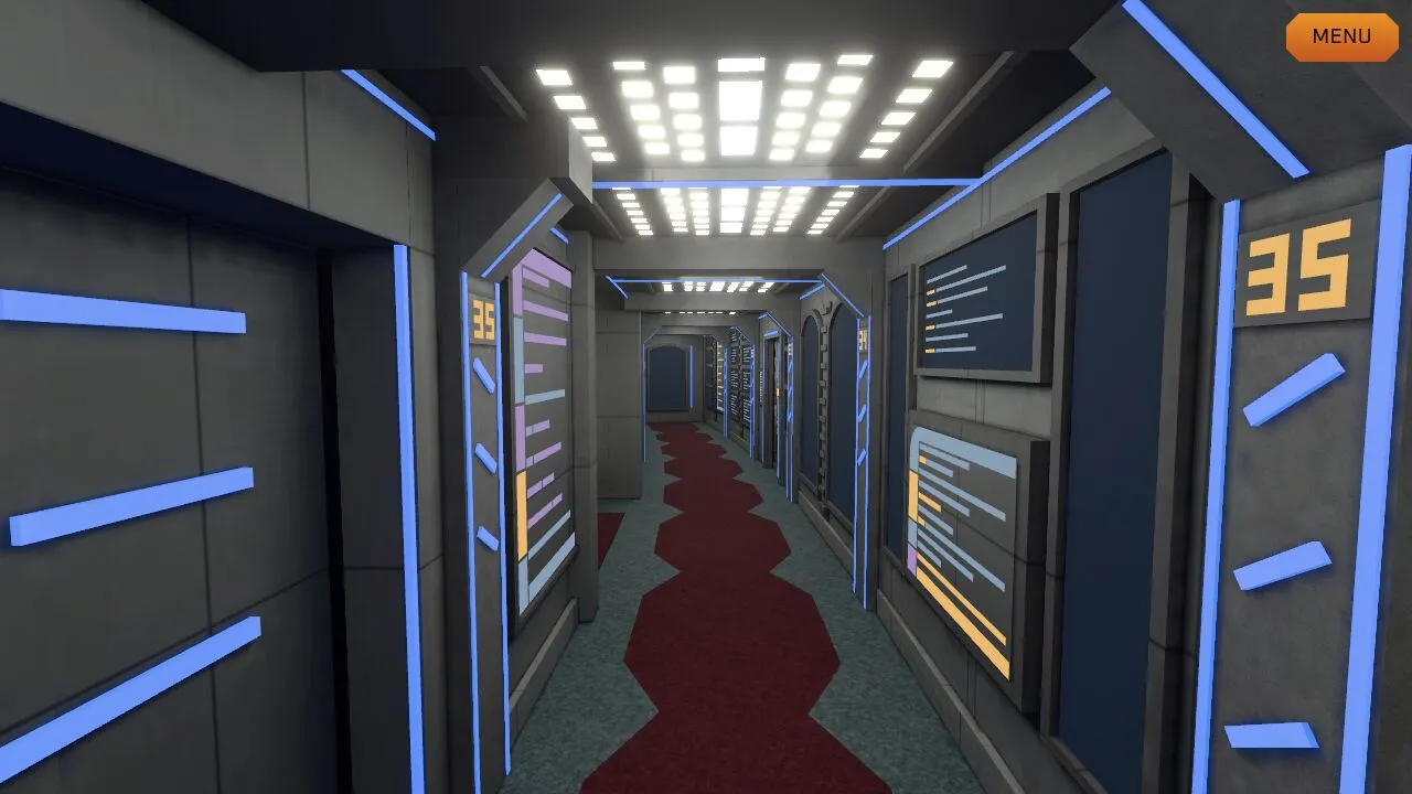 A blue-lit habitat corridor with a numbered "35" wall panel, glowing displays and a red zig-zag carpet runner