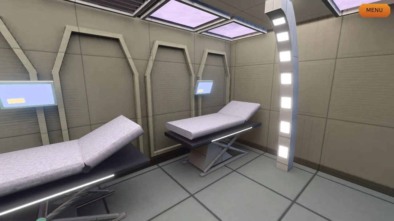 The Infirmary ward with two biobeds, wall monitors and a column of lights