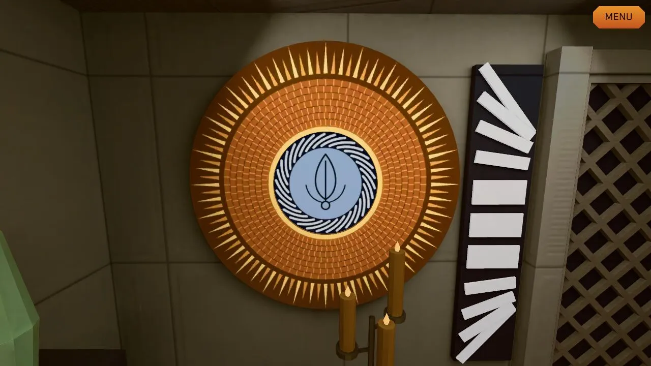 A bronze sunburst disc with the Bajoran emblem at its centre, candles in front and a fan-slat light bar beside it
