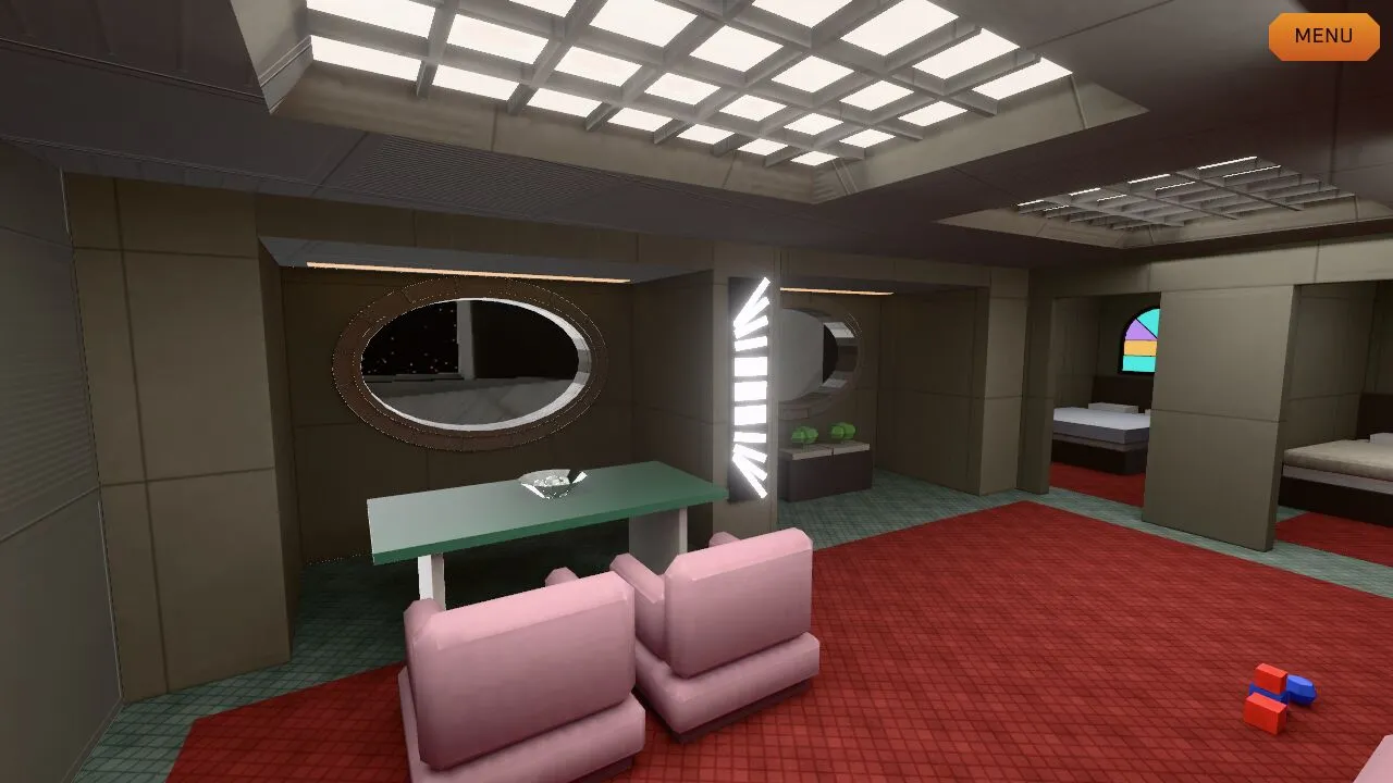 The O'Brien living room: pink armchairs and a green-topped table under an oval window, with a toy on the carpet
