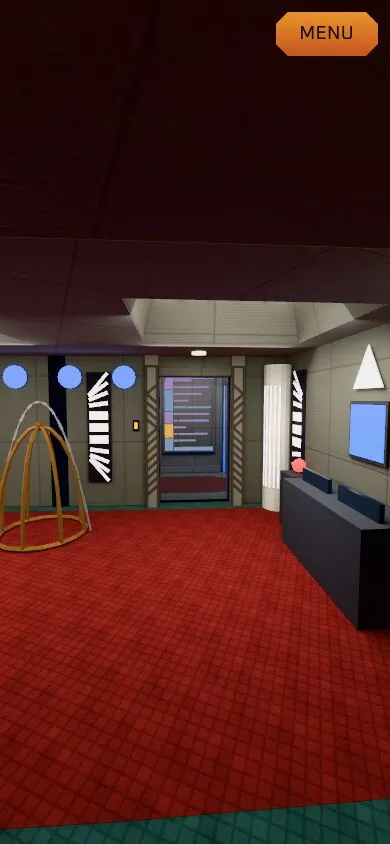 Odo's quarters seen in a tall portrait frame, with the red carpet and the desk wall