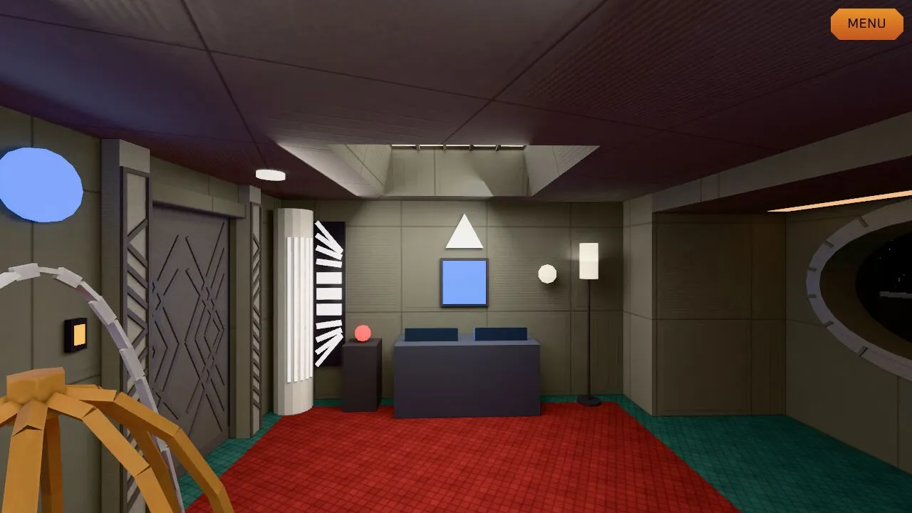 Odo's quarters: a red carpet, a dark desk under a blue panel, a cage-like gold sculpture and an oval window