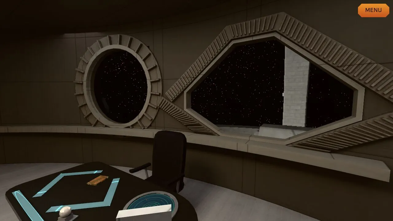 The commander's office with a curved desk, an oval window onto starfield and a chair behind it