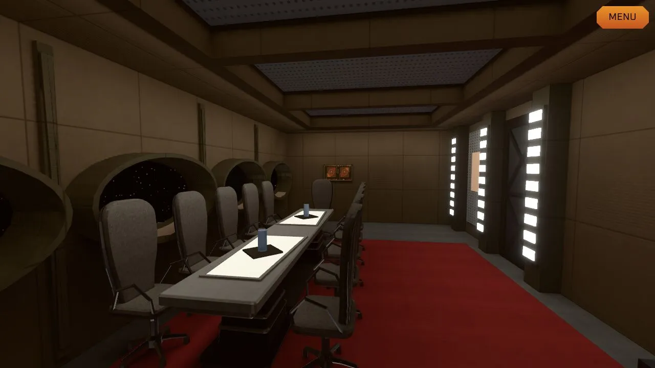 The Ops wardroom: a long table with high-backed chairs on both sides, a lit ceiling and wall lights