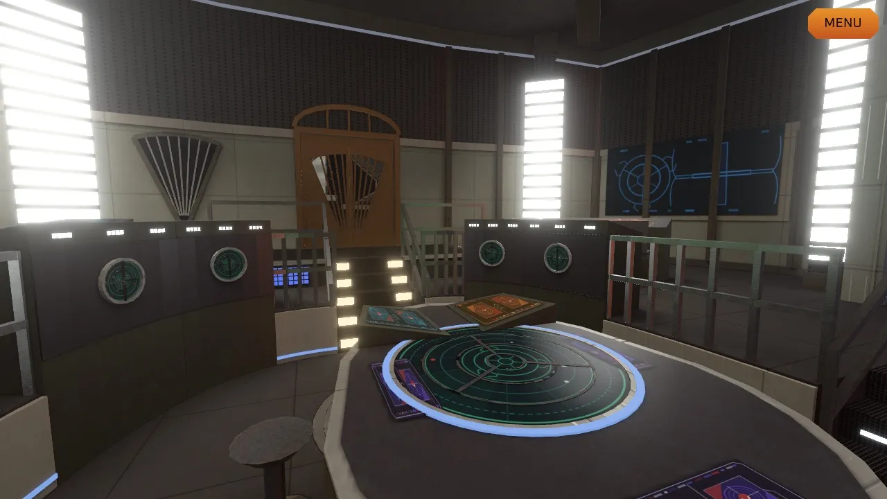 Ops, looking across the situation table toward the stairs up to the commander’s office