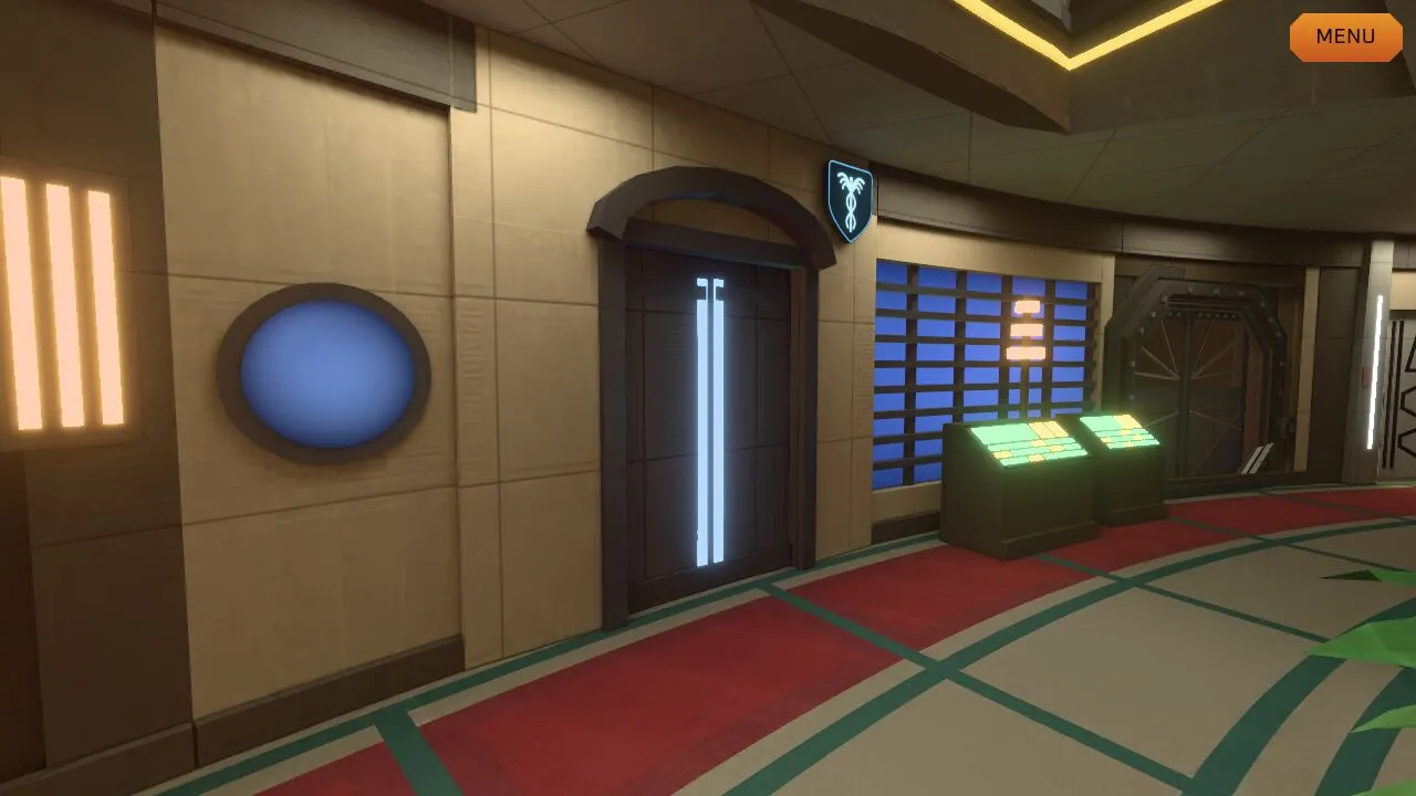 The Promenade beside the Infirmary door, with a round blue window, a lit green console and the red carpet curving away