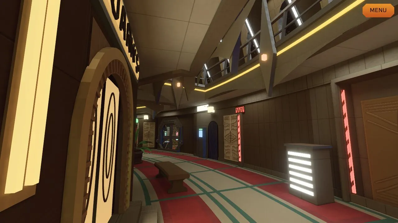 The lower Promenade with its red carpet curving past shopfronts under the upper walkway