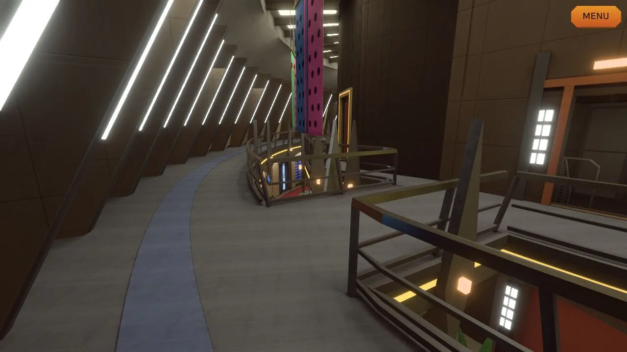 The upper Promenade walkway with a railing, light strips and the curve of the level below