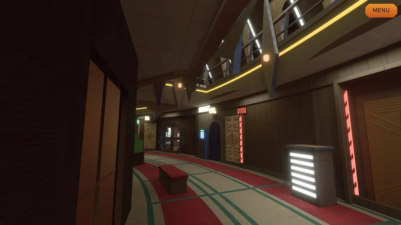 The lower Promenade, carpet curving off toward the far shops, with the upper walkway overhead