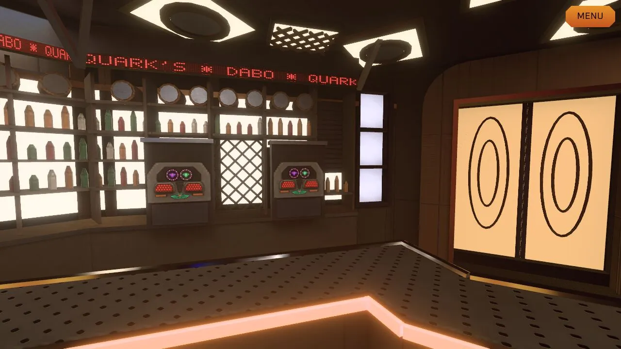 Quark's bar counter with its glowing orange edge, a lit back bar of bottles and replicator panels, and amber double doors