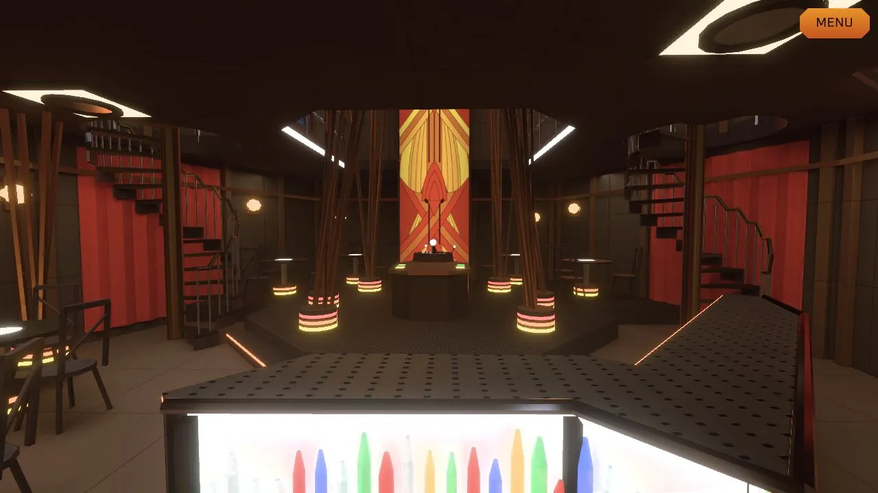 Quark's seen across the lit bottle shelf of the bar, with the dabo platform, red curtains and spiral stairs beyond