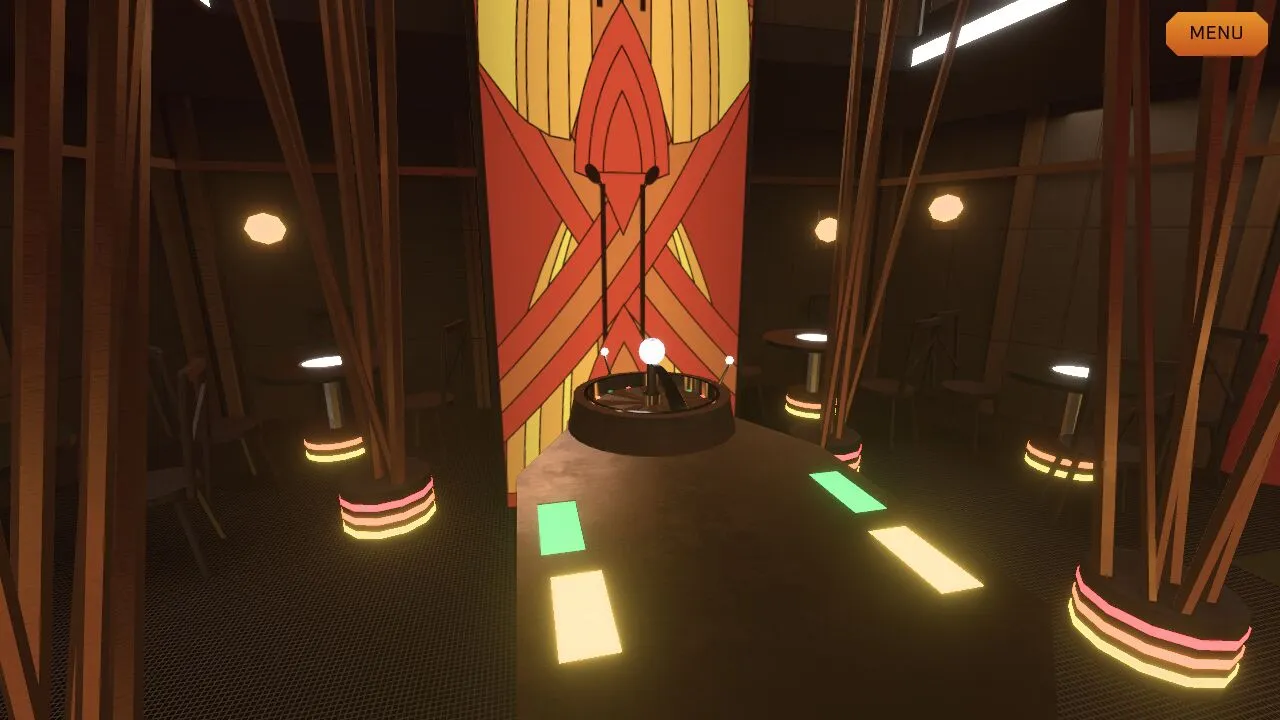 The dabo floor in Quark's with glowing table bases, spiral stairs and a red-and-gold banner