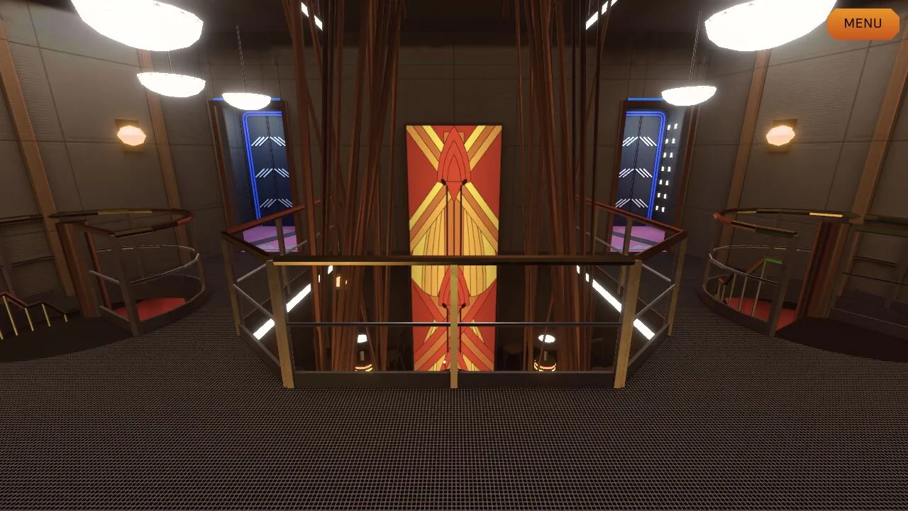 Quark's seen from the upper mezzanine rail, looking down on the banner, round lamps and tables
