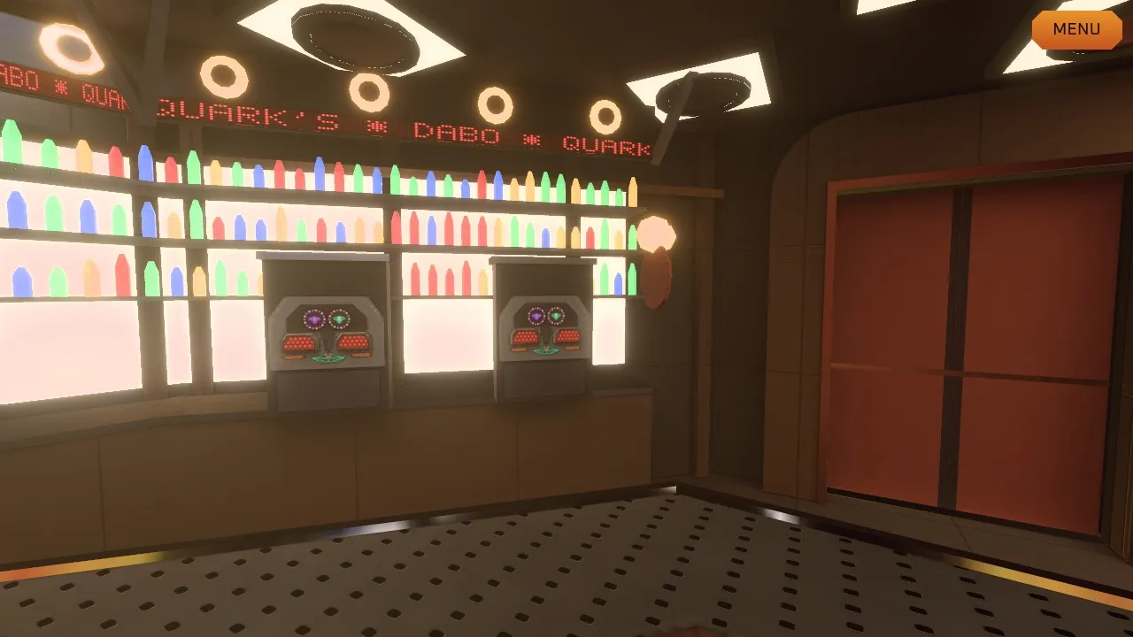 Quark’s bar: back-lit bottle shelves, two replicator panels and the scrolling QUARK’S / DABO sign