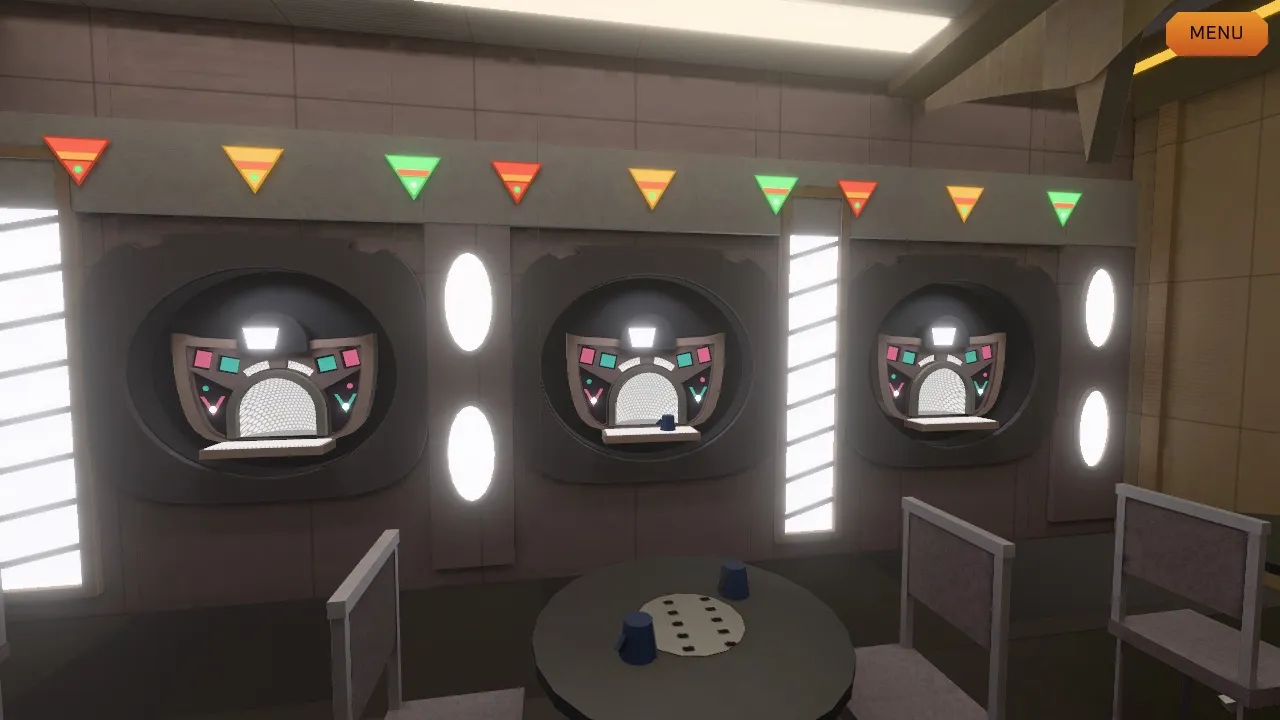 The Replimat’s three replicator alcoves, with a table and chairs in front