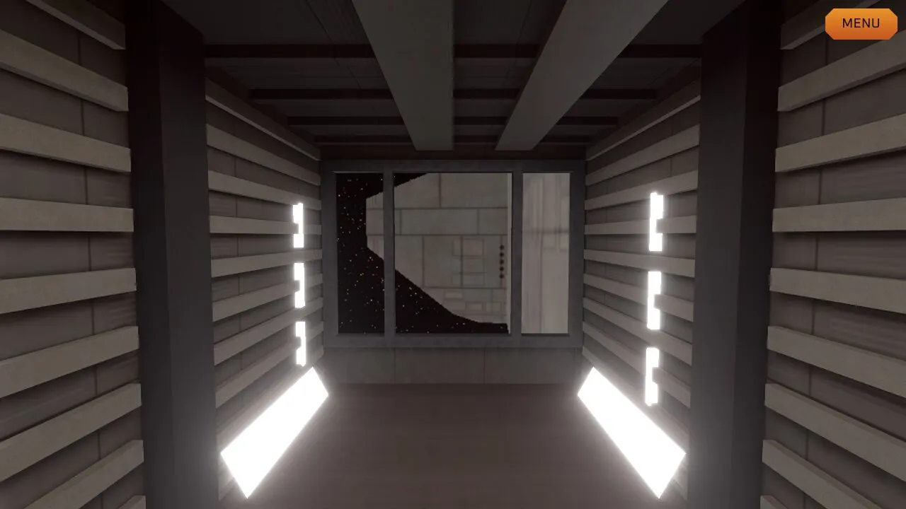 The east docking ring corridor with slatted walls and bright light slits leading to a window