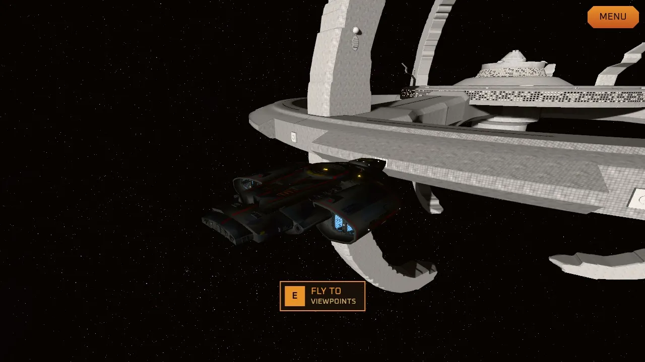 The Defiant at its old berth below the docking ring, seen in free-fly mode, shortly before it moves