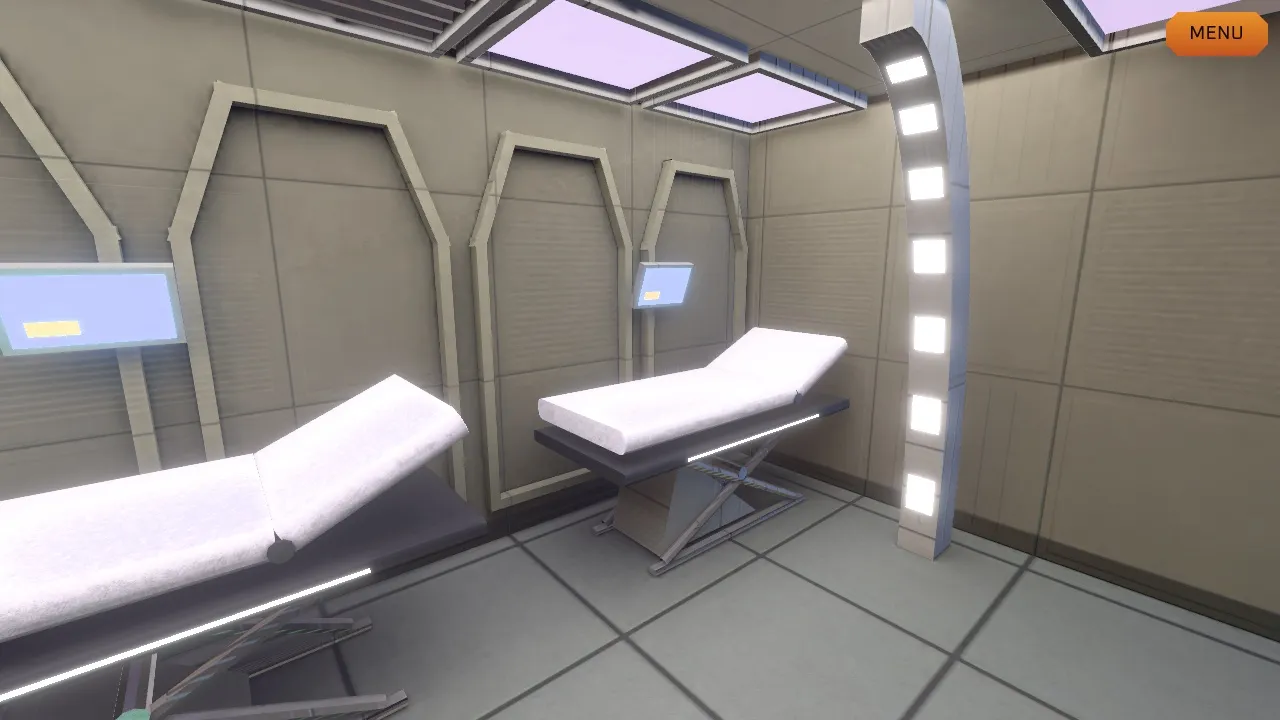 The Infirmary ward: two biobeds with folded mattresses, wall monitors, and a lit column of lights on the right