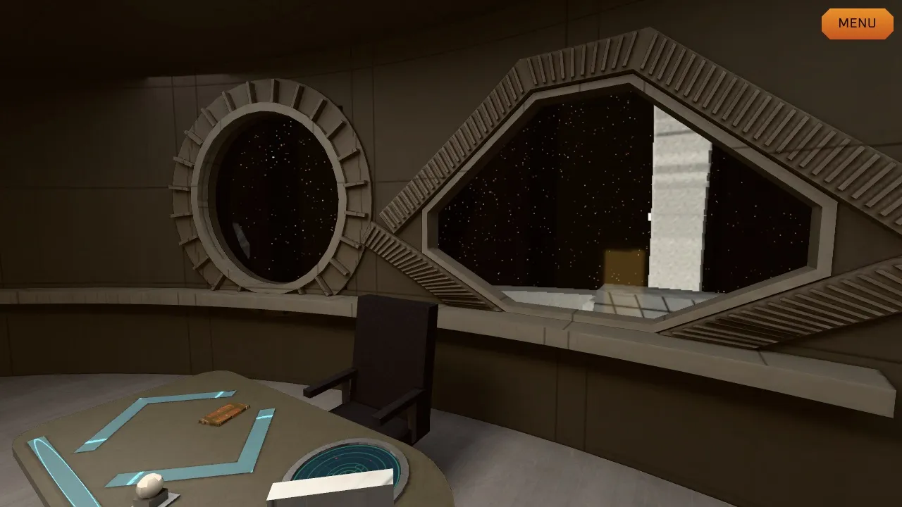 Sisko's office: a curved desk with glowing blue inlays, a round display and a baseball on a stand, a high-backed chair, and the big window looking out at the station's pylon