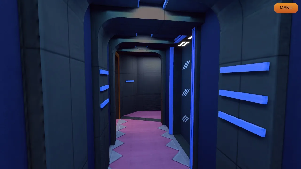 The blue-lit service corridor beside Quark’s, with jagged-edged pink carpet leading to a far door