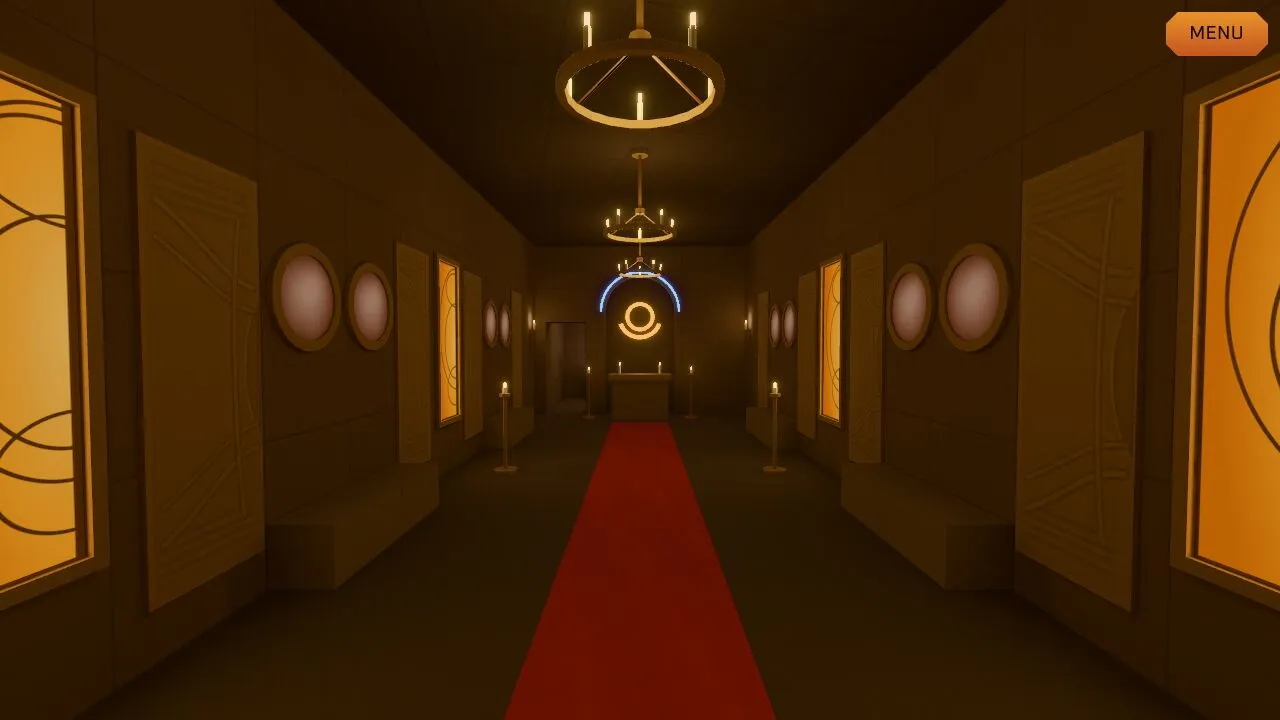 The Bajoran Temple hall: a candle-lit red carpet runner leading between amber window panels