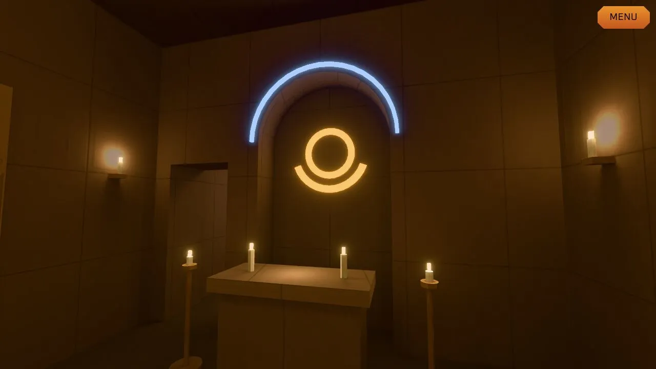 The Temple altar: a glowing amber arch and circle above a small table with candles