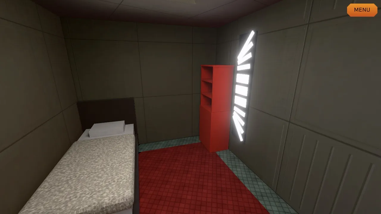 Molly’s room: a small bed with a fur cover, a red cabinet and a glowing wall light