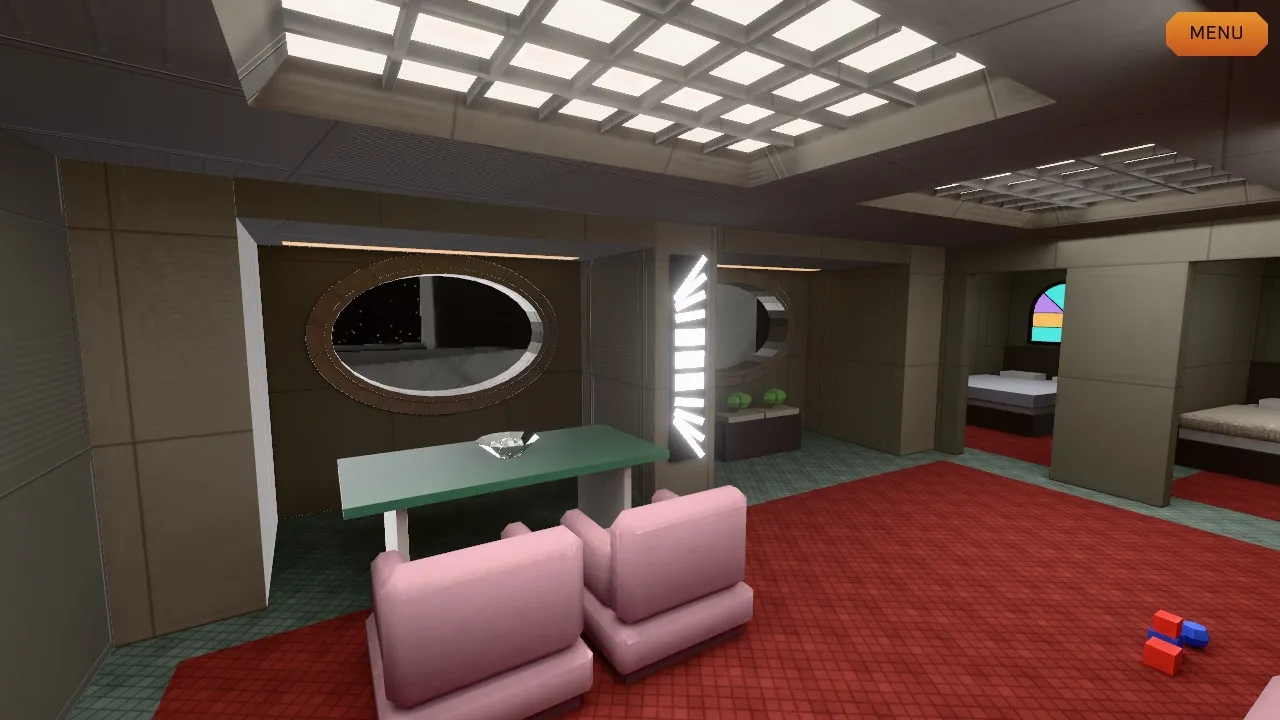 The O’Brien living room: two mauve armchairs, a green-topped table under an oval window, a toy on the red carpet, and the bedroom with its stained-glass arch through the doorway