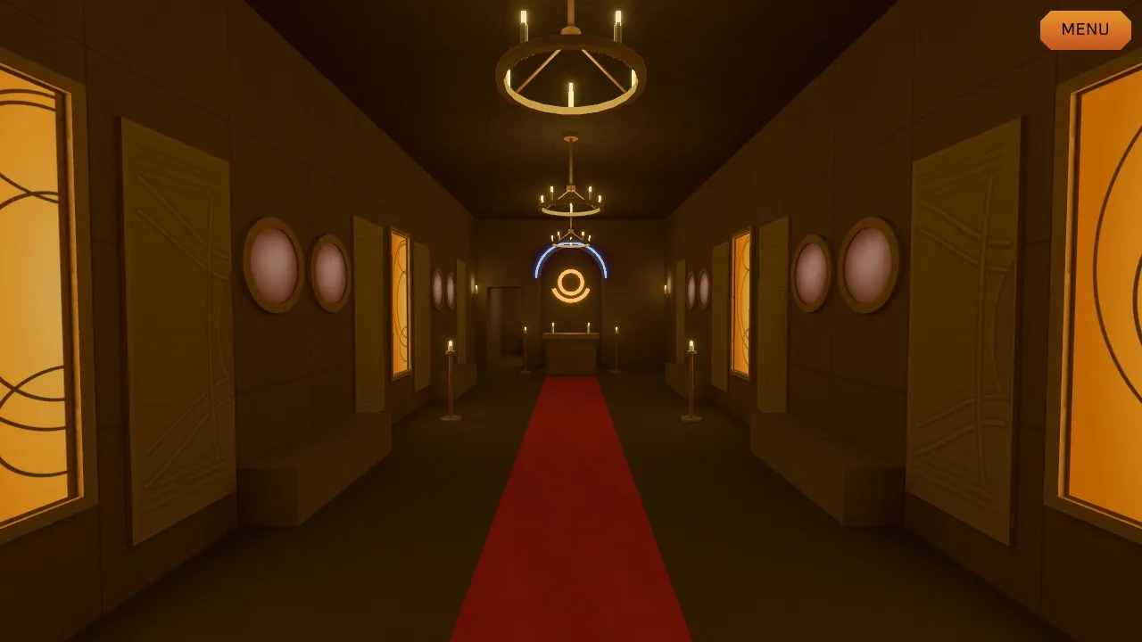 The Bajoran Temple: a long candle-lit hall with a red carpet runner, amber stained-glass panels and round frosted windows, leading to an altar under a glowing Bajoran symbol