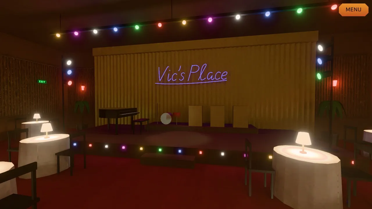 Vic’s Place: a gold-curtained stage with a violet neon sign, a grand piano, strings of coloured bulbs overhead and lamp-lit tables in front