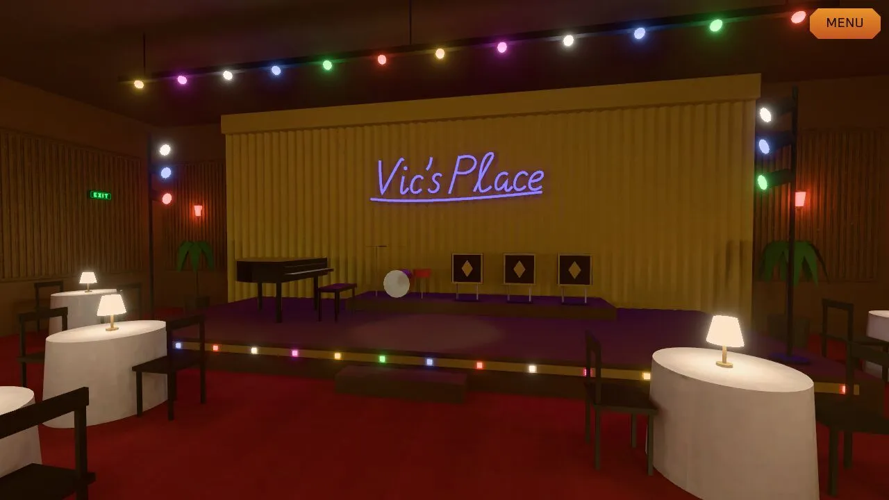Vic's Place: a gold-curtained stage with violet neon lettering, strings of coloured lights and round tables